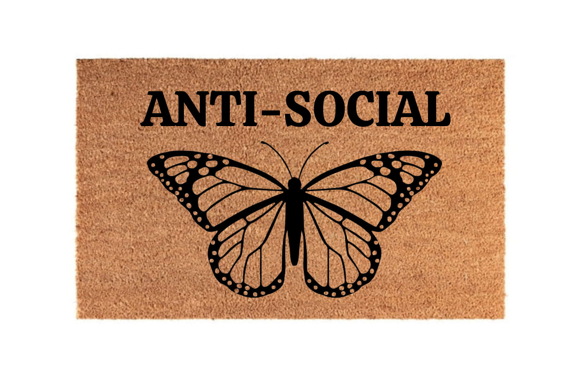 The Doormat District doormat with butterfly design and 'ANTI-SOCIAL' text 