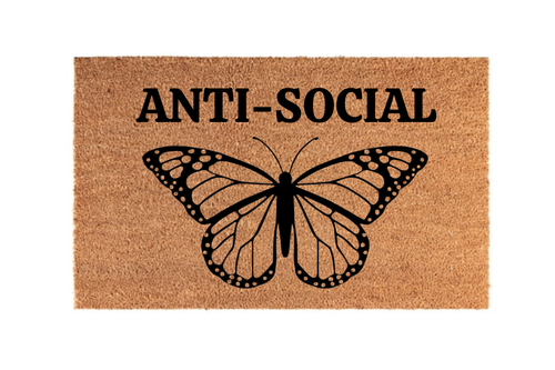 The Doormat District doormat with butterfly design and 'ANTI-SOCIAL' text 
