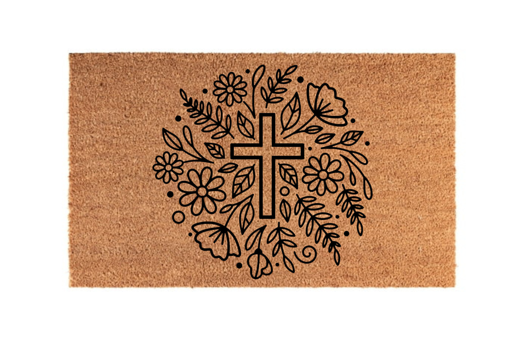 The Doormat District doormat with cross and floral design surrounding it. 