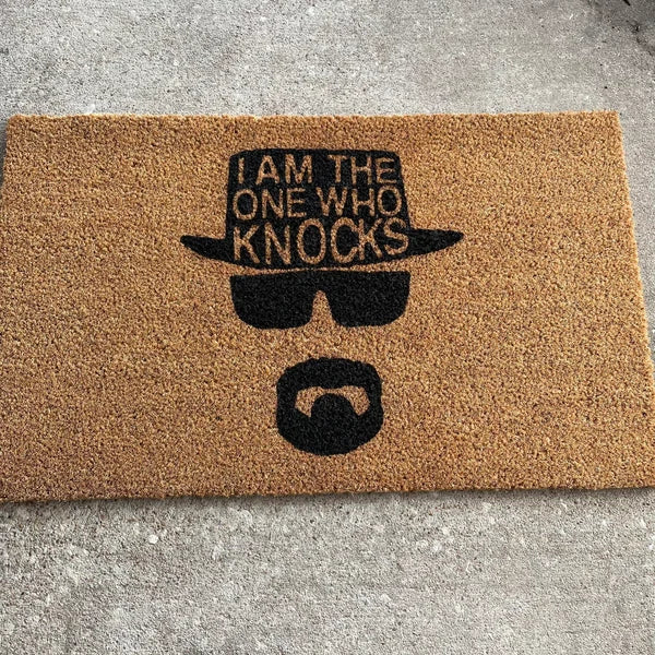 The Doormat District doormat "I Am The One Who Knocks" with image of Walter White's face
