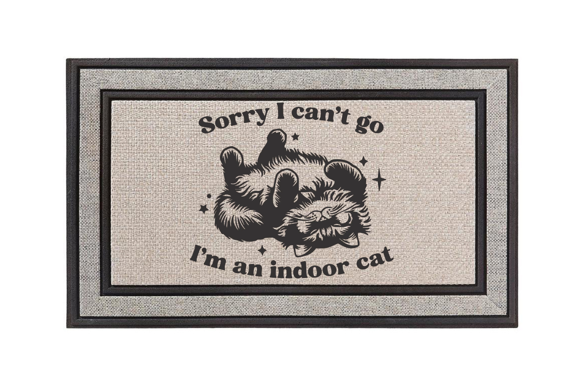 The Doormat District doormat with a cat illustration and text 'Sorry I can't go, I'm an indoor cat' 