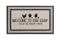 The Doormat District doormat with text 'Welcome to our coop, we're all cluckin' crazy' and chicken illustrations 