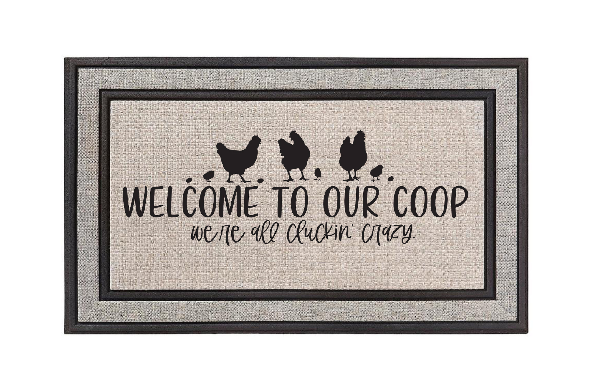 The Doormat District doormat with text 'Welcome to our coop, we're all cluckin' crazy' and chicken illustrations 
