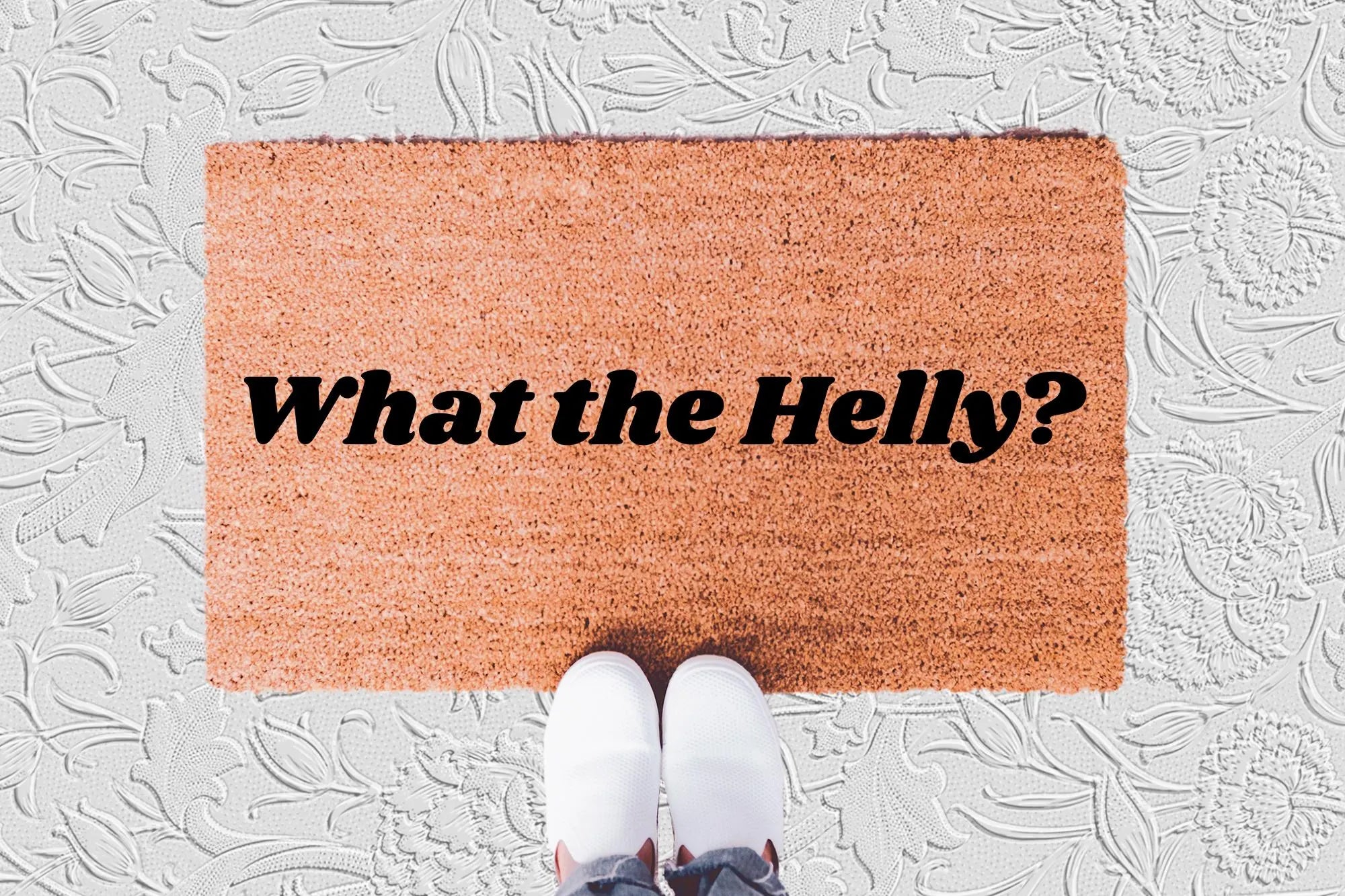 The Doormat District doormat with 'What the Helly?' text 